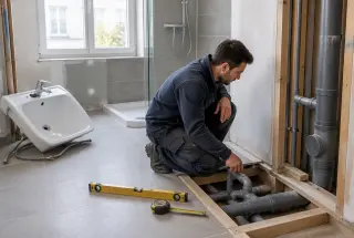 Plombier contrôlant la pente et les canalisations d’évacuation dans une salle de bains en rénovation.