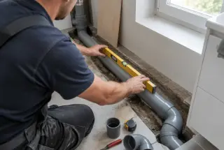 Plombier contrôlant la pente d’une canalisation d’évacuation avec un niveau à bulle dans une salle de bains en rénovation.