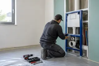 Plombier installant le bâti-support métallique d’un WC suspendu dans une salle de bains en rénovation, avec les canalisations visibles avant la fermeture du coffrage.