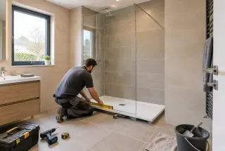 Plombier vérifiant le niveau d’un receveur extra-plat dans une salle de bains en rénovation pour installer une douche à l’italienne.