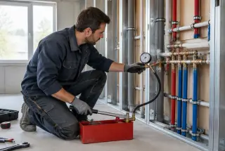 Plombier contrôlant la pression de canalisations apparentes avant la fermeture d’une cloison.