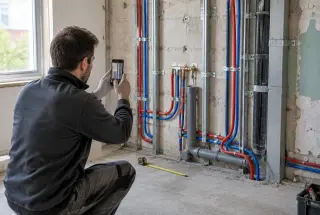 Professionnel photographiant des canalisations apparentes dans une salle de bains en rénovation avant la fermeture du mur