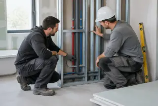 Un plombier et un plaquiste vérifient ensemble des canalisations dans une cloison ouverte avant la pose des plaques de plâtre.